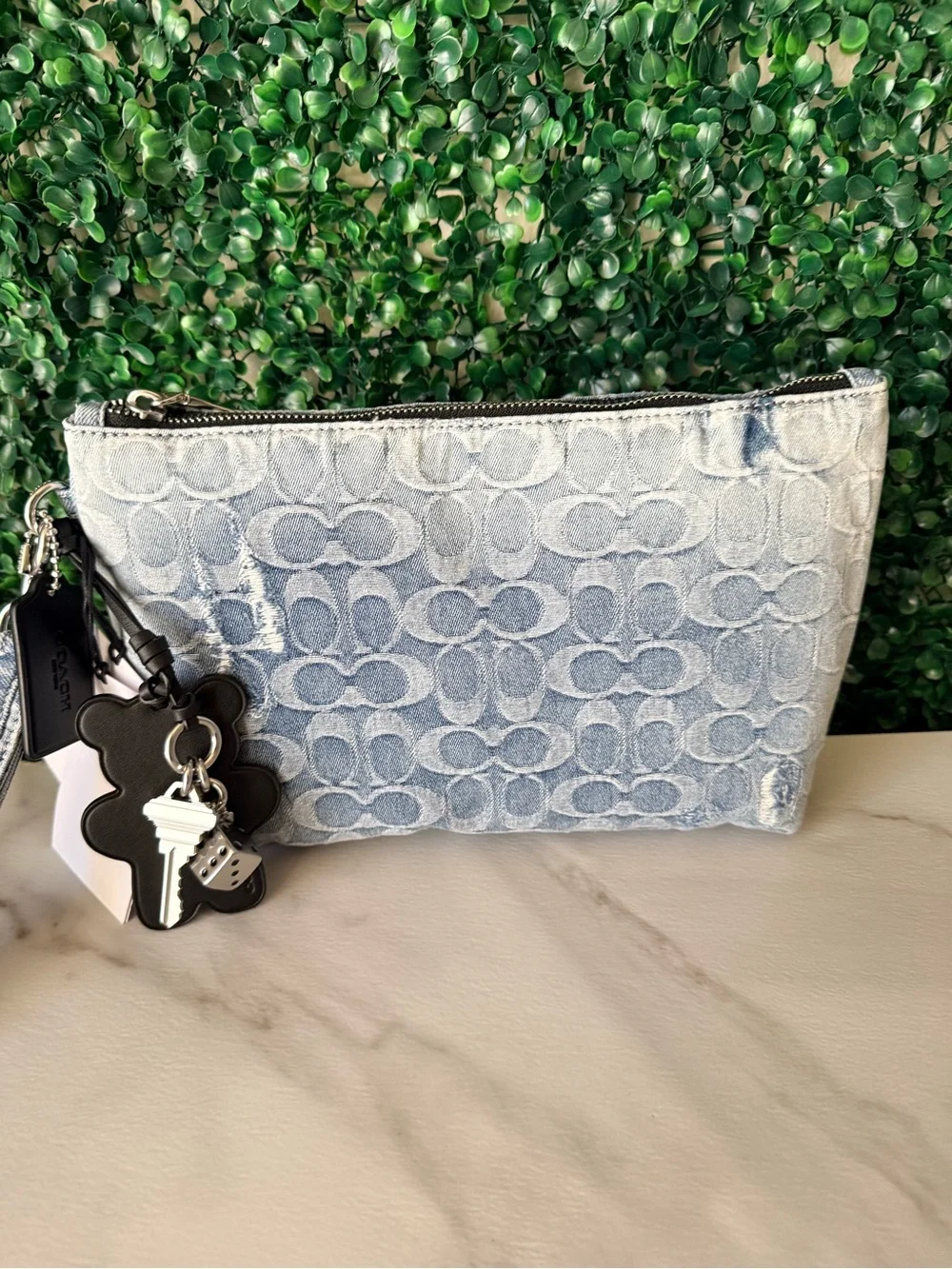 Coach Light Blue Distressed Denim Signature Wristlet Pouch with Charms NWT